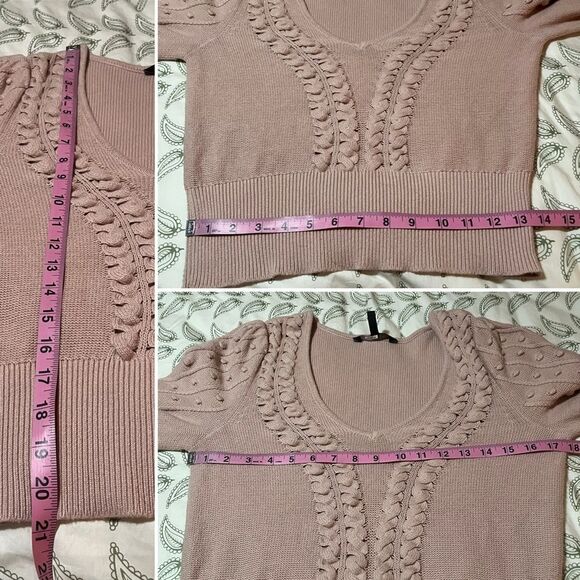 BCBGMaxAzria Bishop Sleeve Cable Knit Textured V-Neck Sweater Open Knit M Blush - Picture 11 of 11